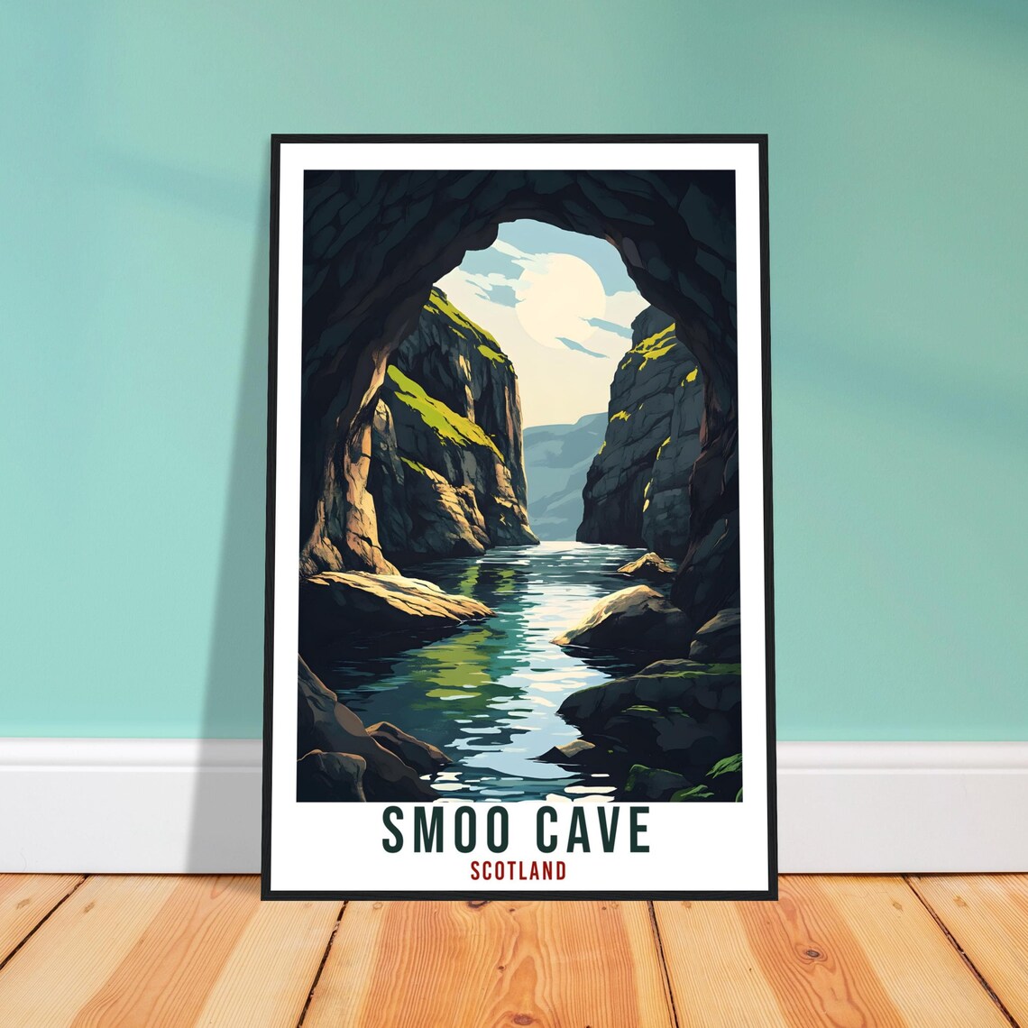 Smoo Cave Scotland Sea Cave Green Cliffs Retro Travel Poster