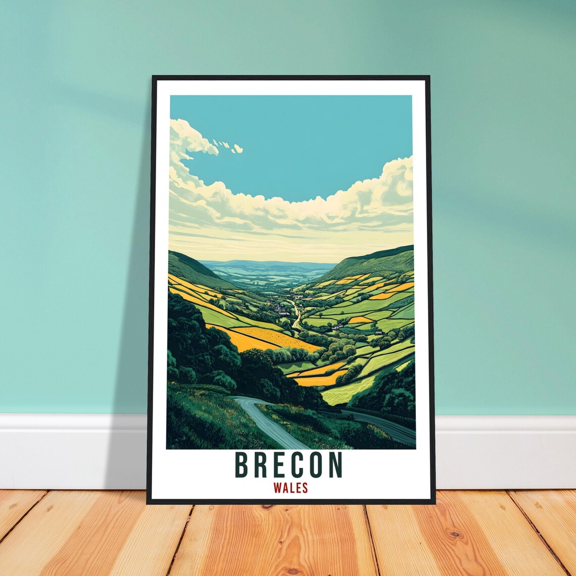 Brecon Wales Green Valley Patchwork Fields Scenic Travel Poster