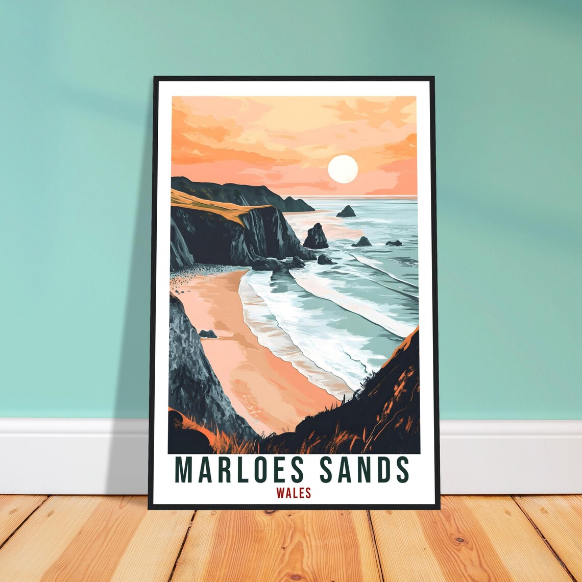 Marloes Sands Wales Golden Sunset Cliffs Beach Travel Poster