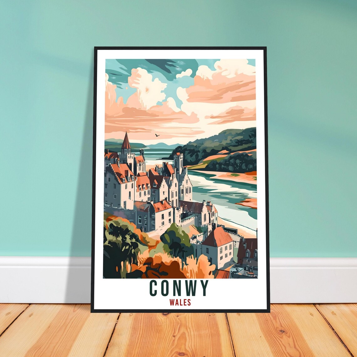 Conwy Wales Riverside Castle Town Sunset Estuary Travel Poster