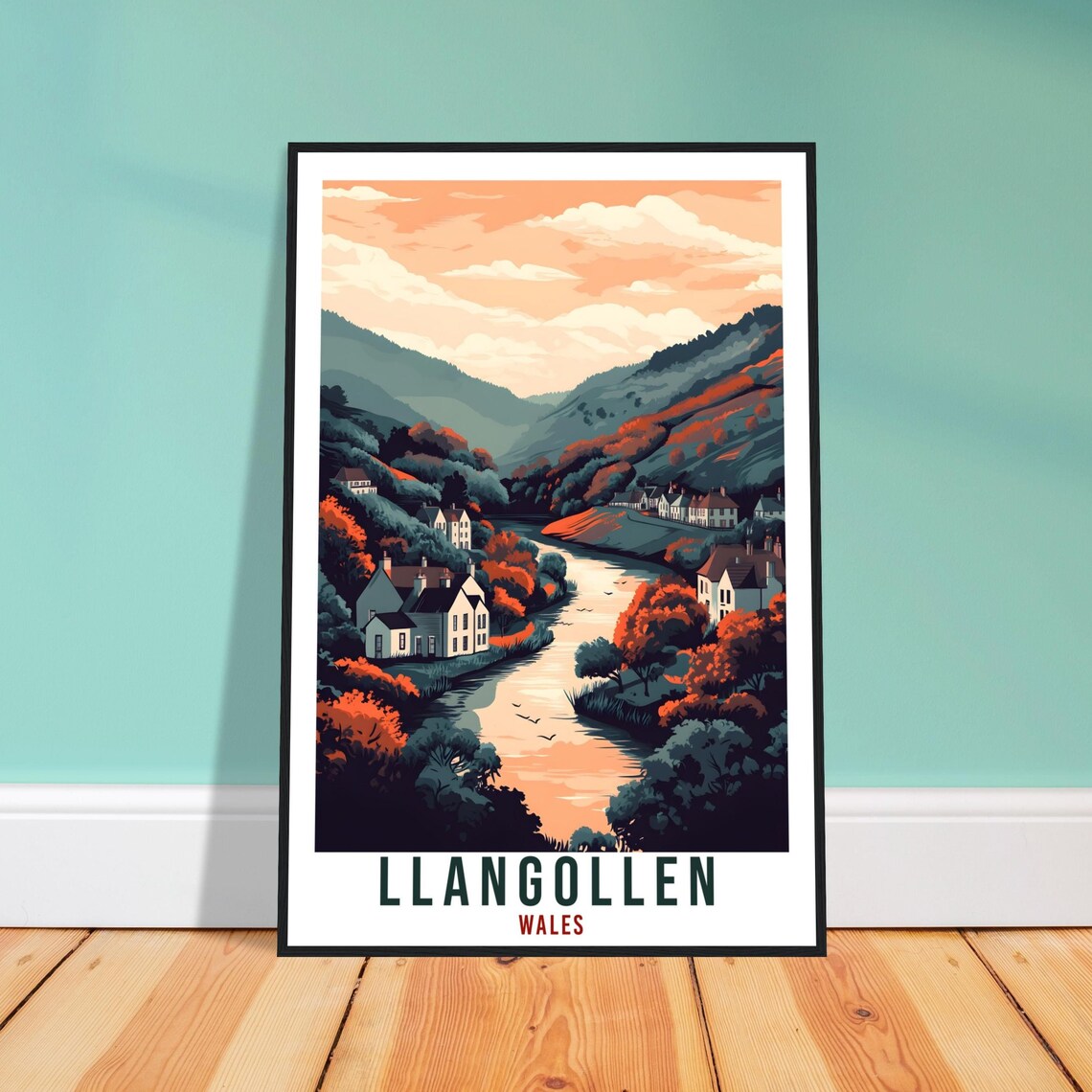 Llangollen Wales Autumn River Valley Village Sunset Travel Poster