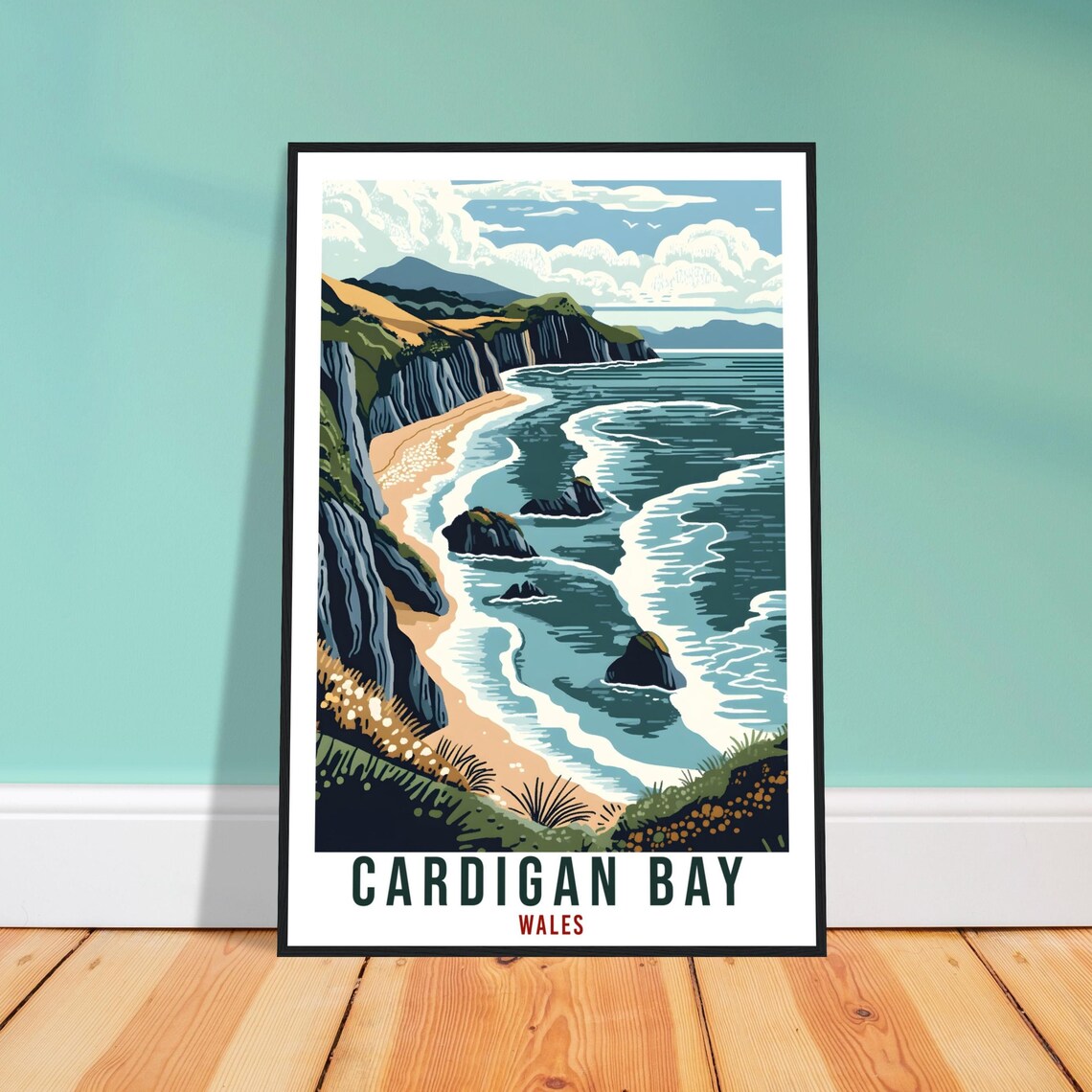 Cardigan Bay Wales Travel Poster Cliffs Sea Beach Vintage Artwork