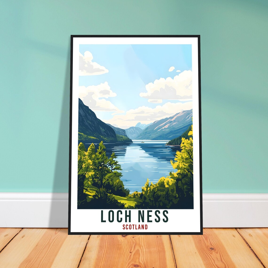 Loch Ness Scotland Calm Lake Mountains Vintage Travel Poster