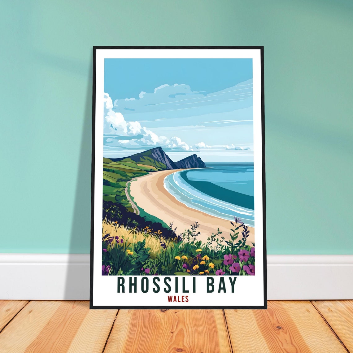 Rhossili Bay Wales Sandy Beach Headland Coastal Travel Poster