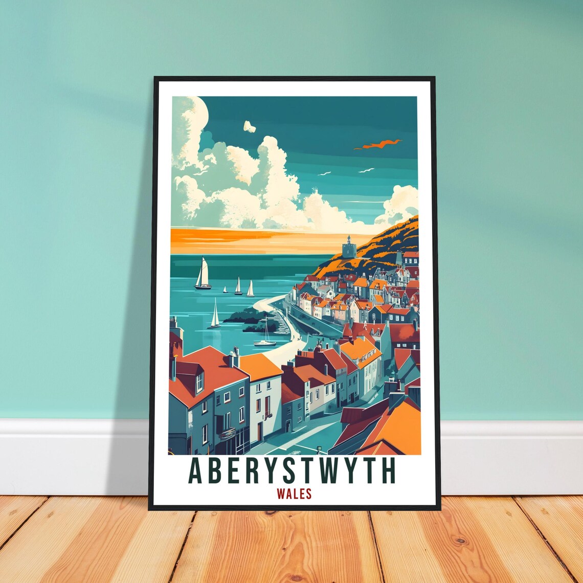Aberystwyth Wales Seaside Town Sailboats Sunset Travel Poster