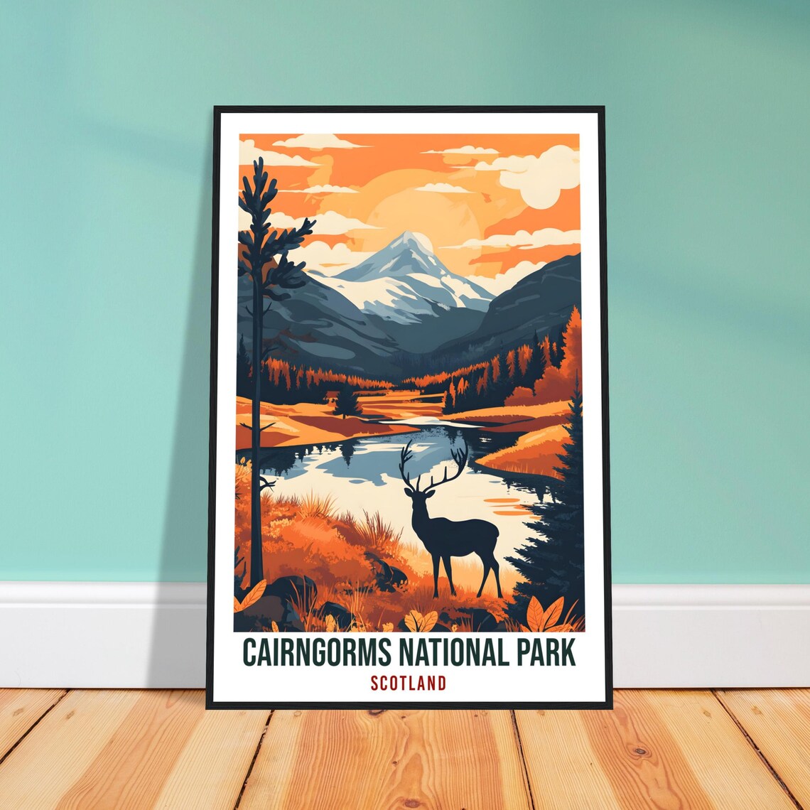 Cairngorms National Park Scotland Stag Sunset Mountain Poster