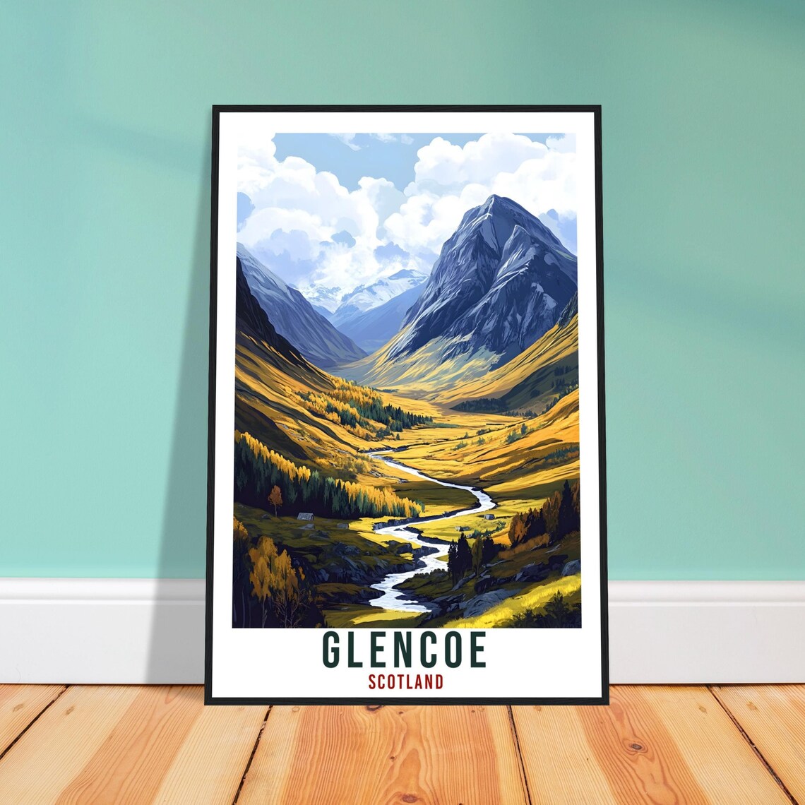 Glencoe Scotland Mountain Valley River Golden Vintage Travel Poster