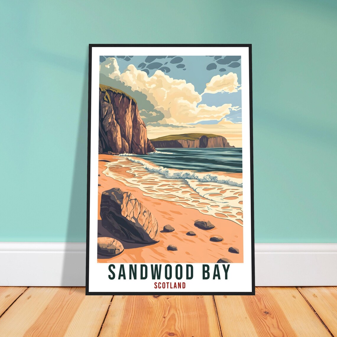 Sandwood Bay Scotland Beach Cliffs Waves Retro Travel Poster