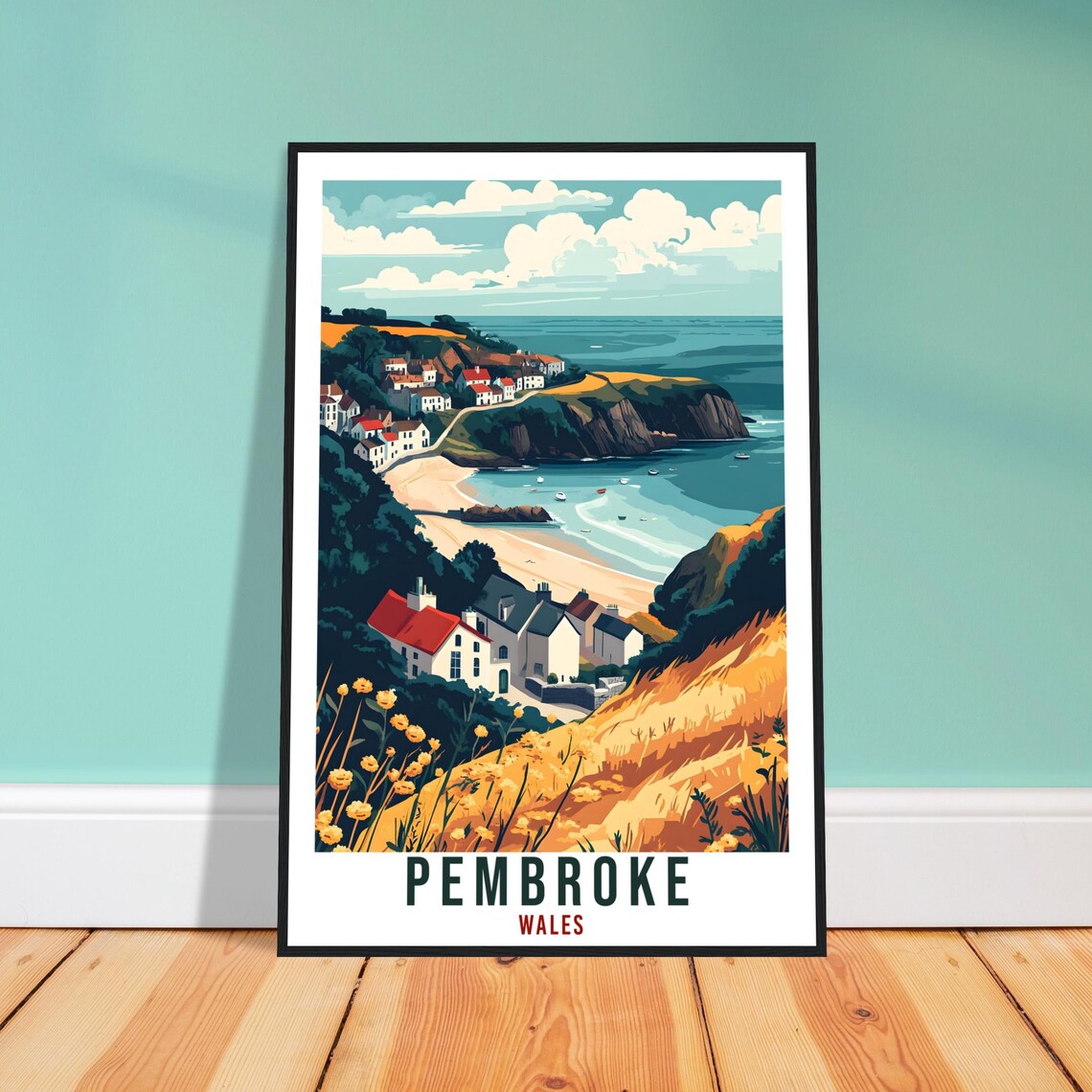 Pembroke Wales Coastal Harbor Cottages Cliffside Travel Poster