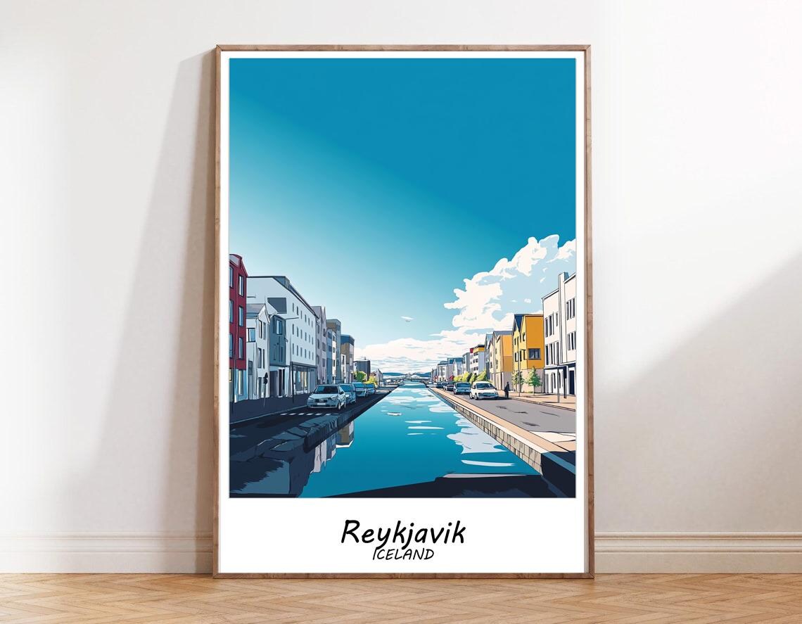 Reykjavik Iceland Colorful City Mountains Harbor Travel Poster - Image 2