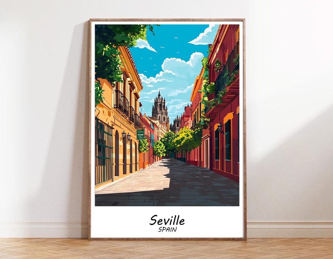 Seville Spain Old Town Street Church Tower Sunny Travel Poster - Image 2
