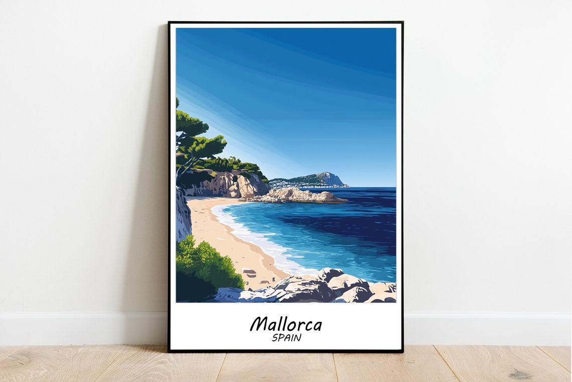 Mallorca Spain Turquoise Cove Cliffs Pine Trees Travel Poster - Image 2