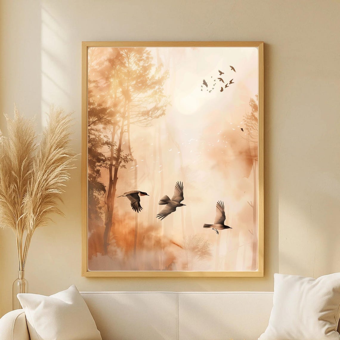 Birds In Flight Dawn Misty Forest Calming Serene Nature Wall Art