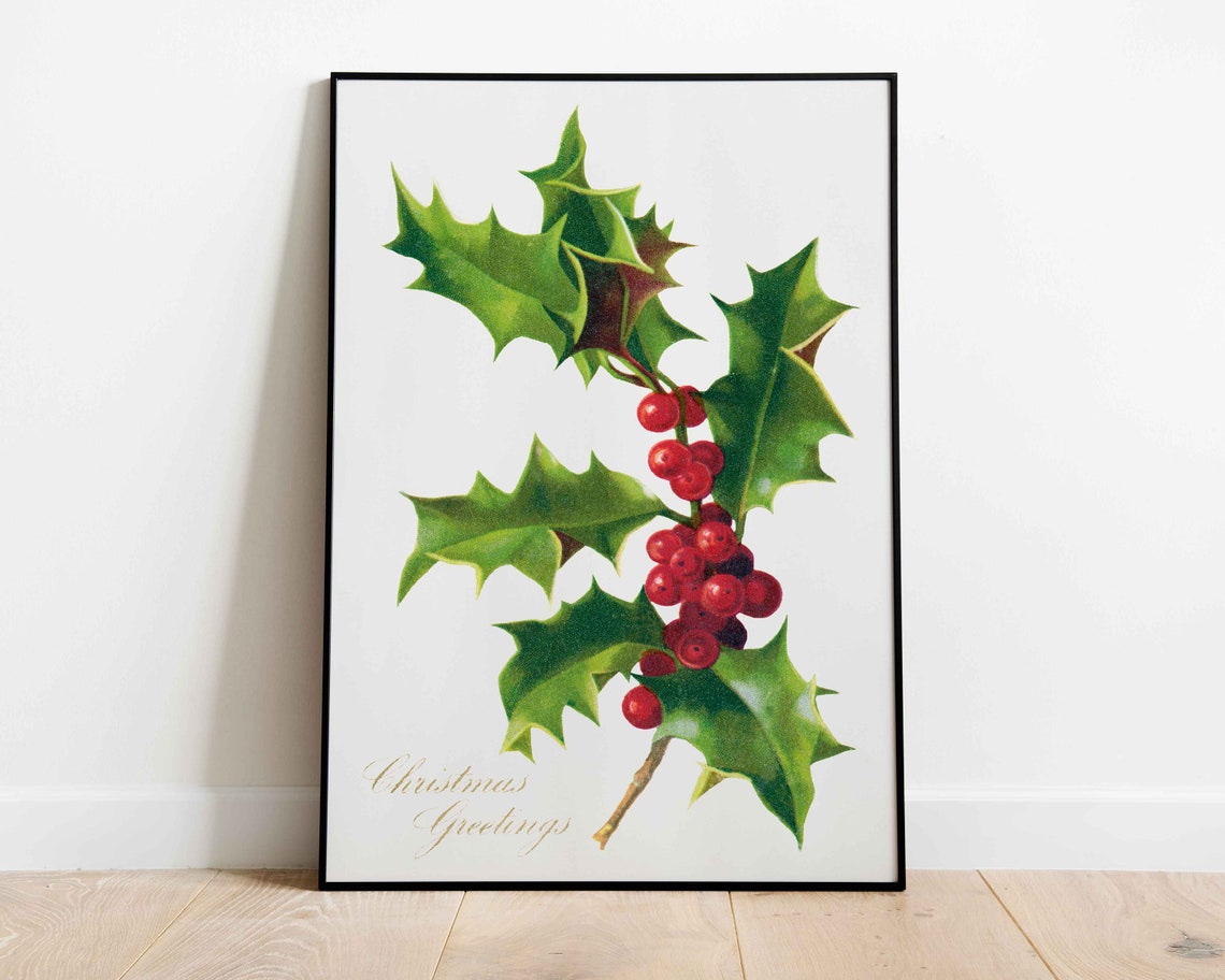 Vintage Red Holly Branch Christmas Greetings Botanical Wall Art