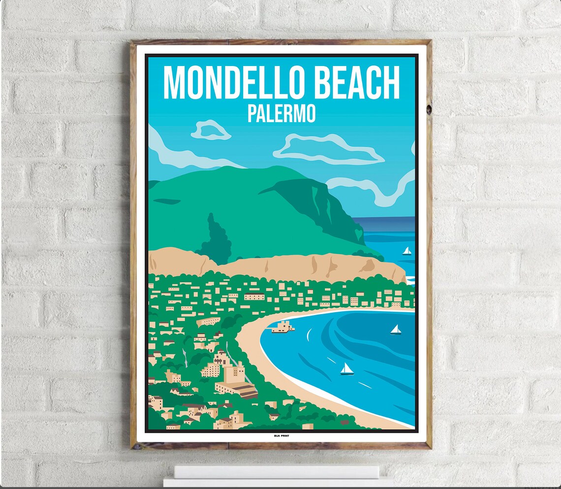 Mondello Beach Palermo Vintage Travel Poster