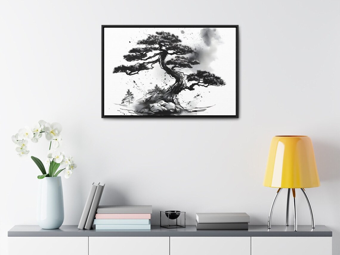 Bonsai Pine Tree Japanese Sumi-e Ink Black White Zen Style Poster - Image 3