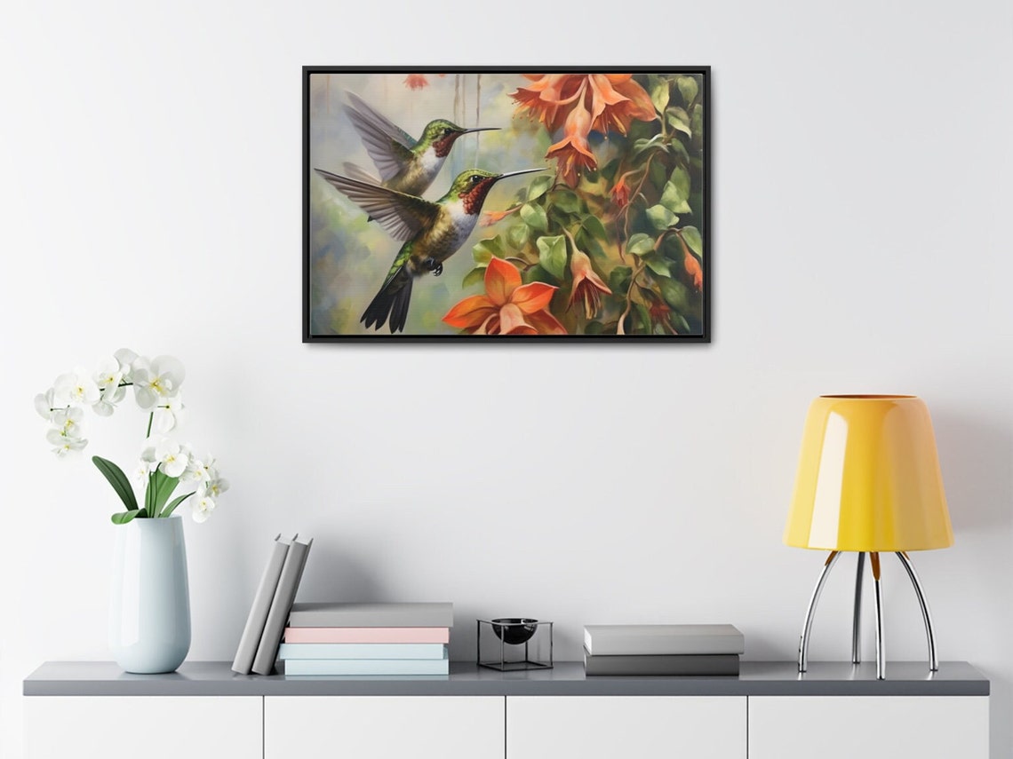 Hummingbirds Feeding Orange Trumpet Flowers Nature Art Poster - Image 3