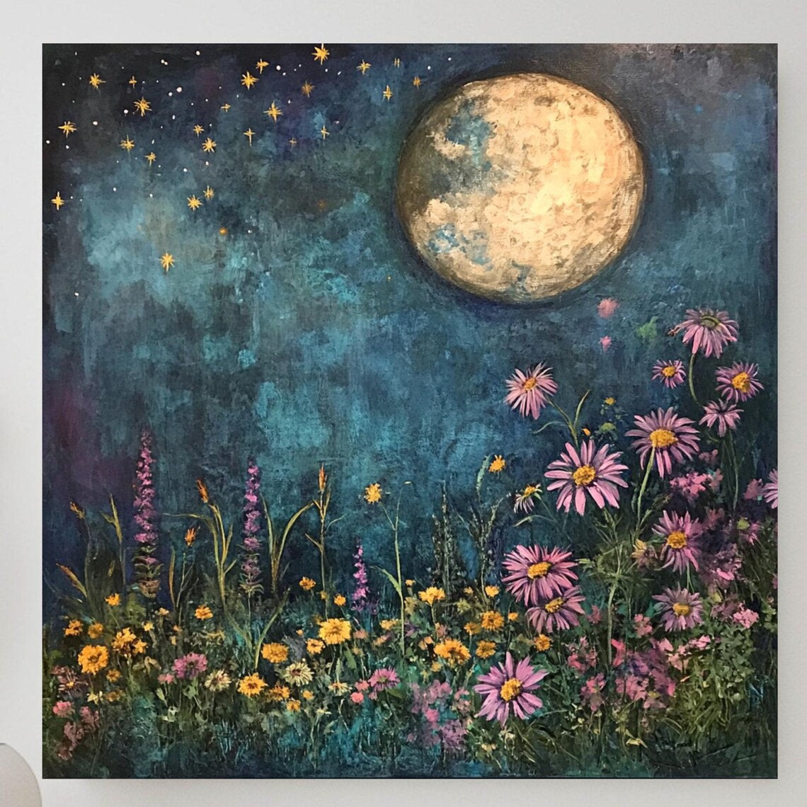 Dreamy Wildflowers, Mystical Moon And Stars Boho Art