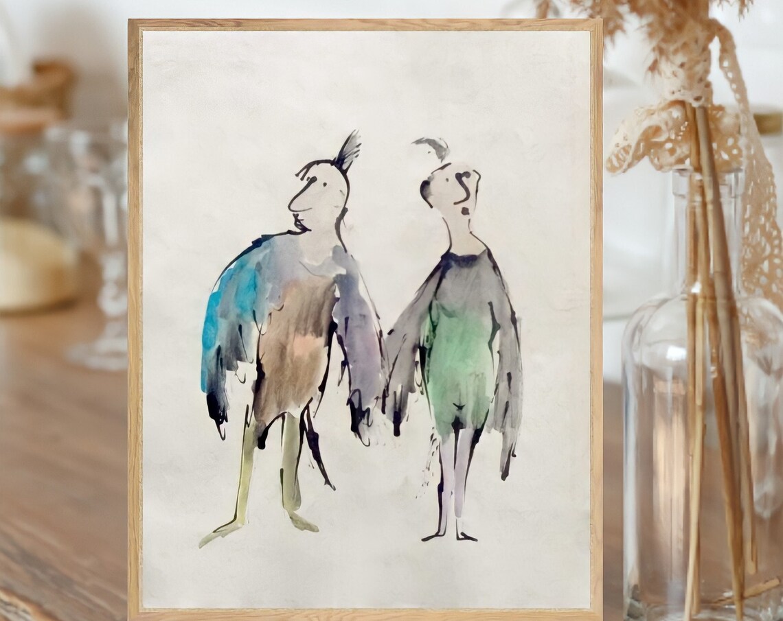 Whimsical Pair Of Quirky Bird People Loose Watercolor Art Poster - Image 5