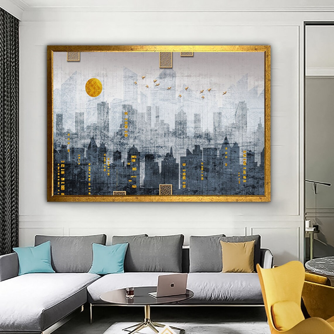 Abstract City Skyline Golden Sun Birds Gray Blue Painting Poster