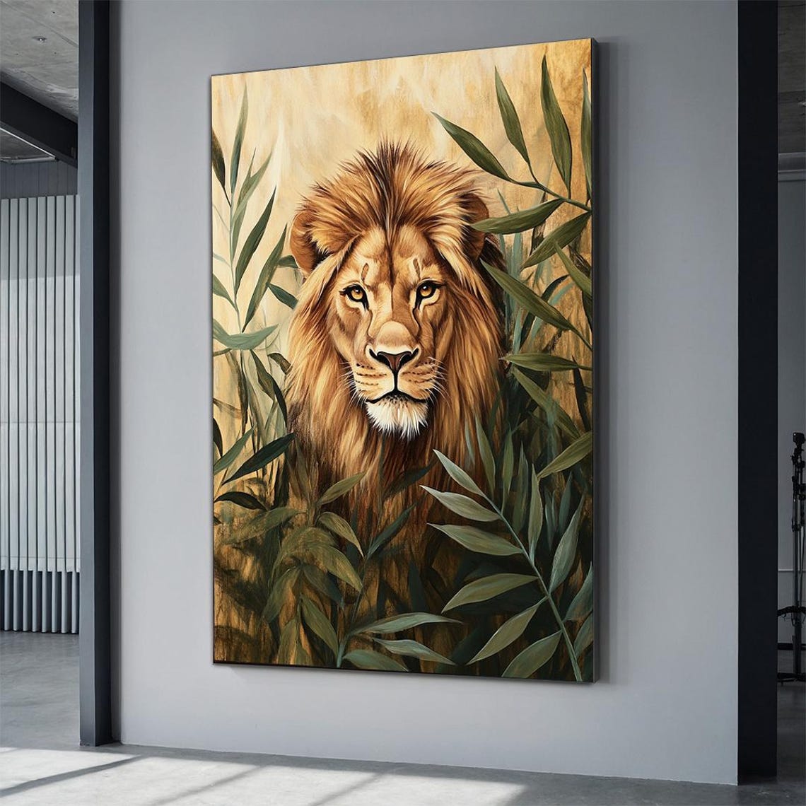 Lion Among Jungle Foliage Golden Botanical Safari Portrait Poster