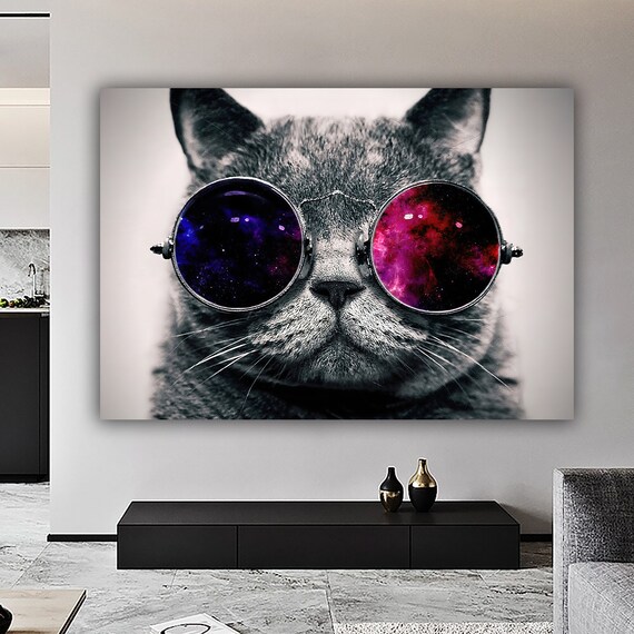 Cool Cat With Galaxy Sunglasses Black And White Funny Cat Wall Art
