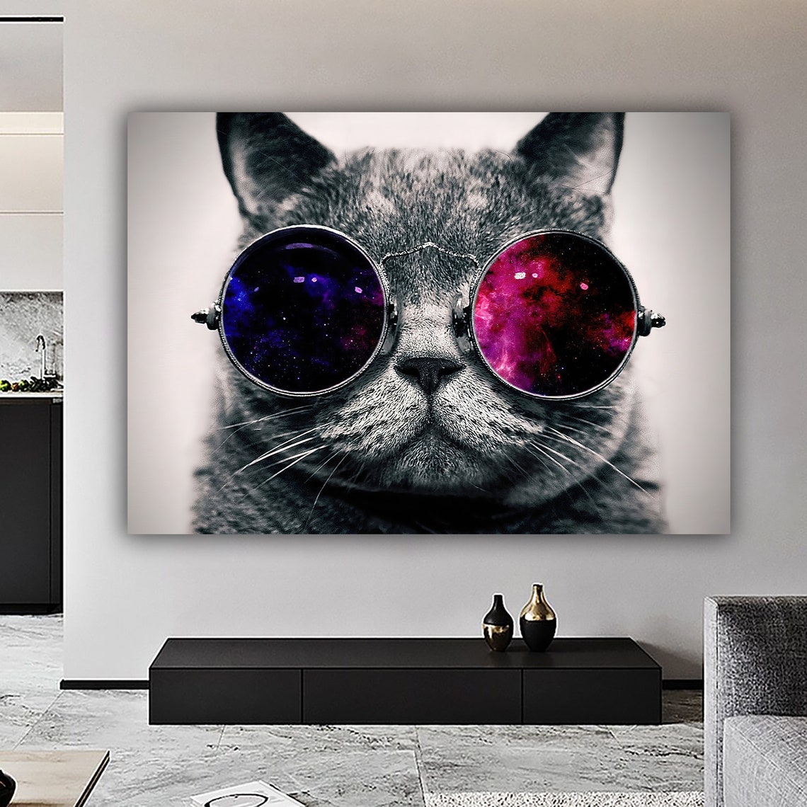 Cool Cat With Galaxy Sunglasses Black And White Funny Cat Wall Art