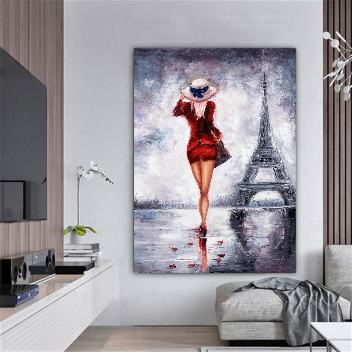 Eiffel Tower And Woman Painting Woman In Red Dress Painting A Woman In Paris Art Woman Wall Decor