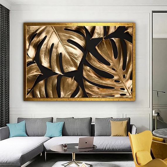 Gold Leaves Frame Painting Tropical Leaf Painting Leaf Wall Decor Tropical Art Gold Print