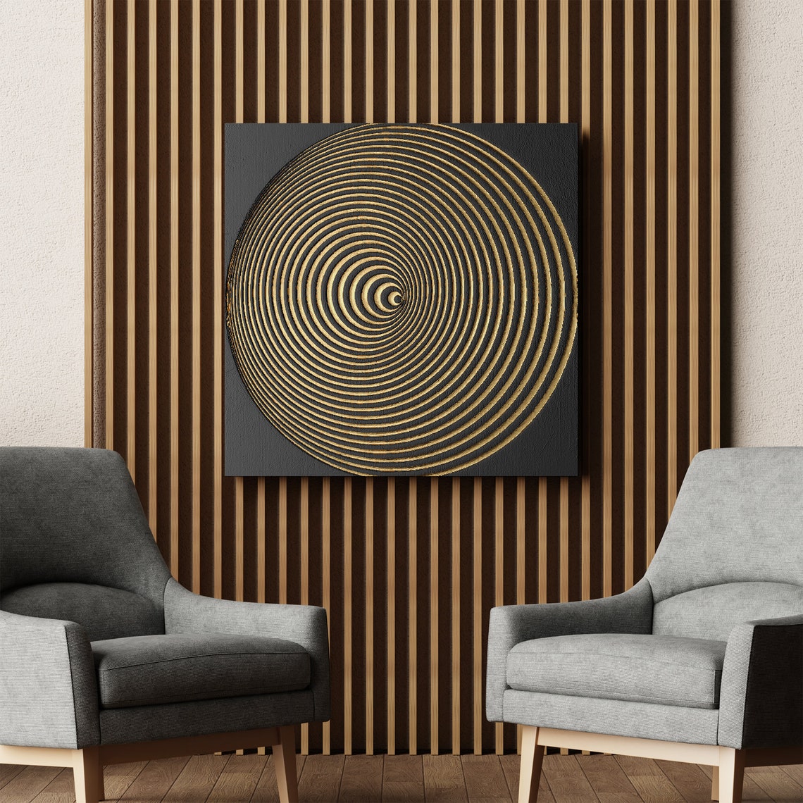 Black And Gold Concentric Spiral Rings Geometric Abstract Art Poster