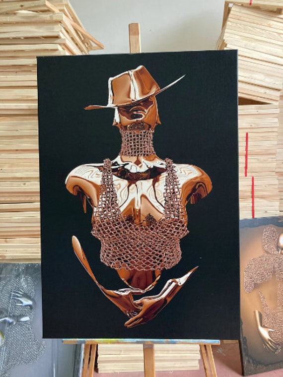 Cowboy Womens Icon Is An Embroidered Paintingbronze Womens Wall Decor Womens Painting With Hat With 3d Effect