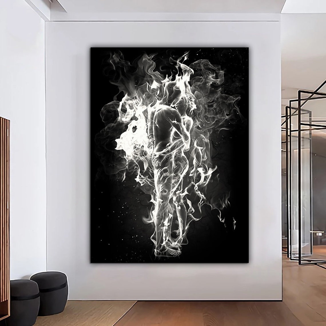 Black And White Smoke Couple Embrace Romantic Lovers Abstract Wall Art