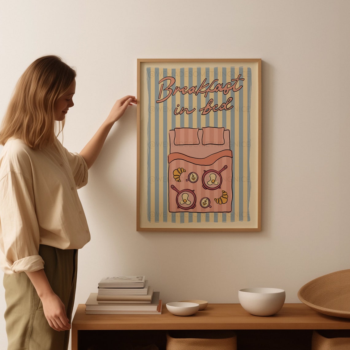 Breakfast In Bed Pink Bed Croissant Egg Retro Kitchen Poster - Image 3