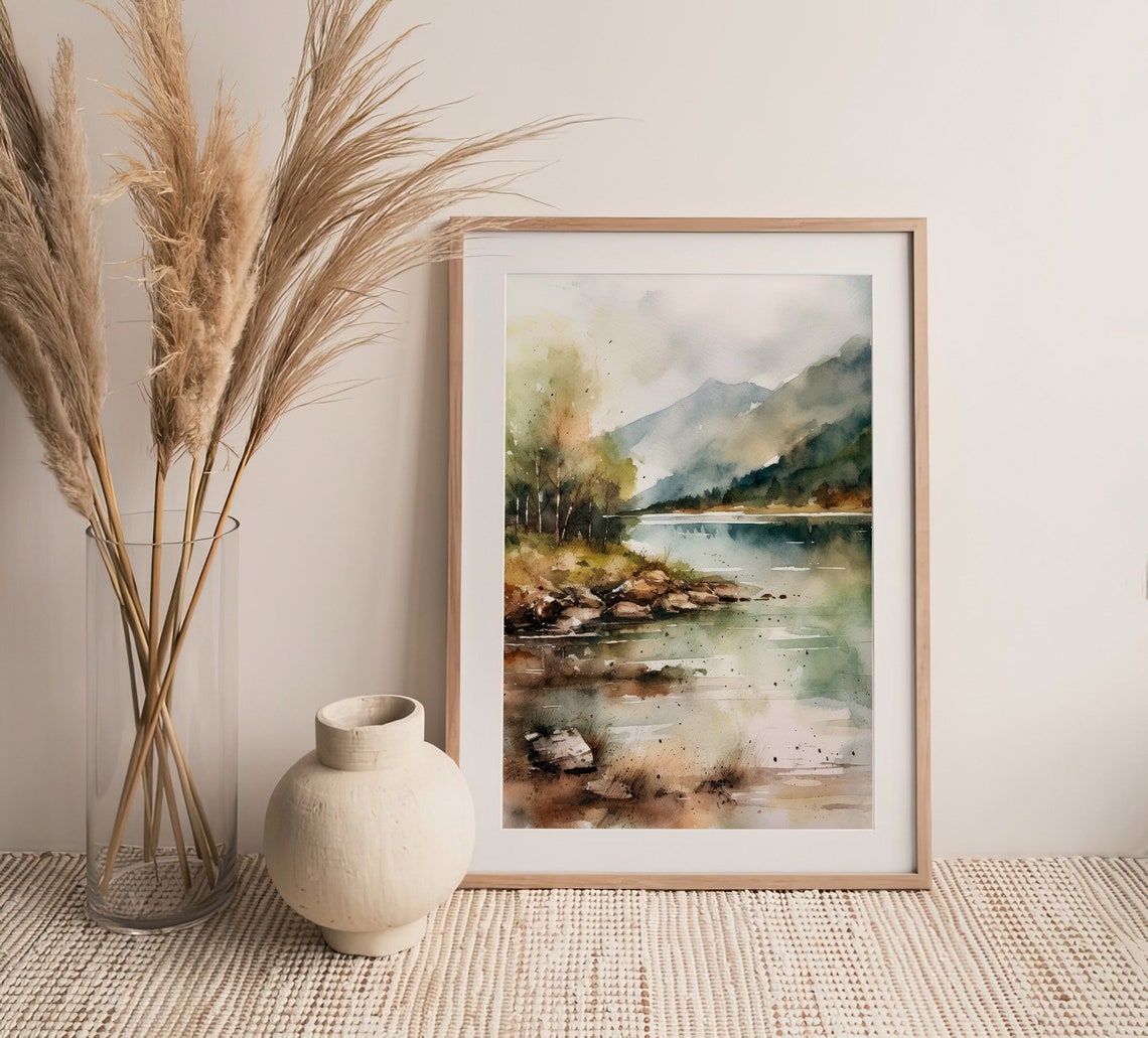 Misty Mountain Lake Watercolor Serene Loch Reflections Landscape Print - Image 3