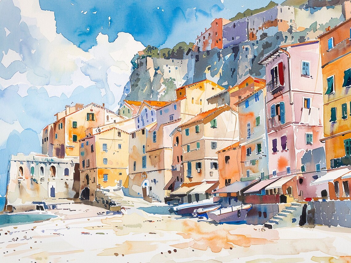 Scilla Calabria Fishing Village Watercolor Beach Italian Coast Print