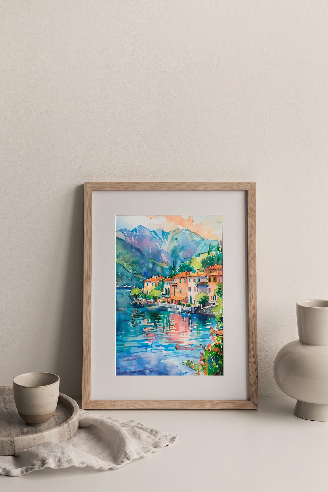 Stunning Lake Como Italy Lakeside Village Alpine Watercolor Poster - Image 3