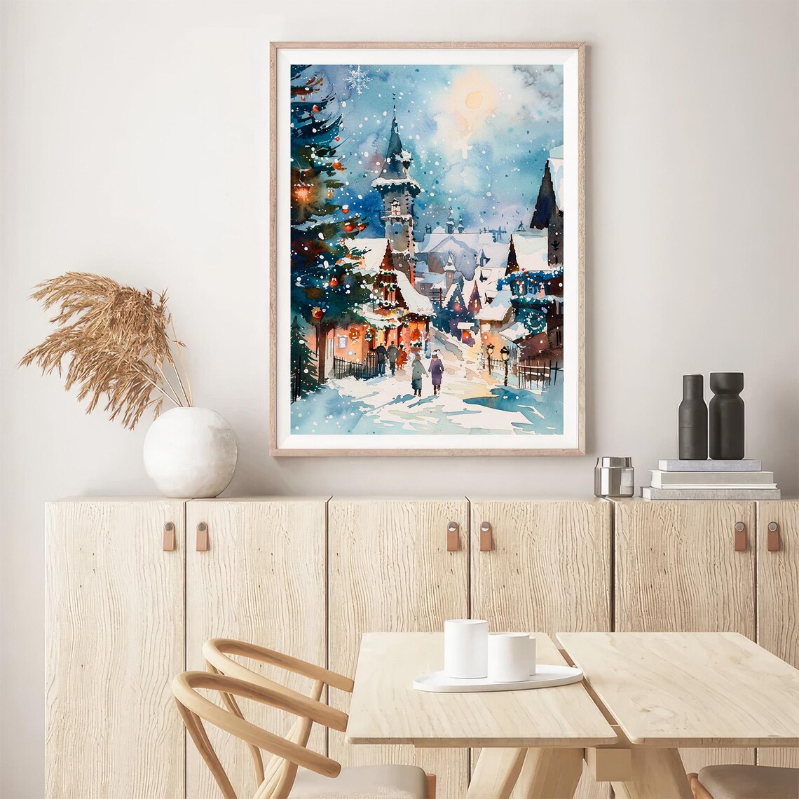 Snowy Christmas Village Church Moonlight Watercolor Holiday Poster - Image 5