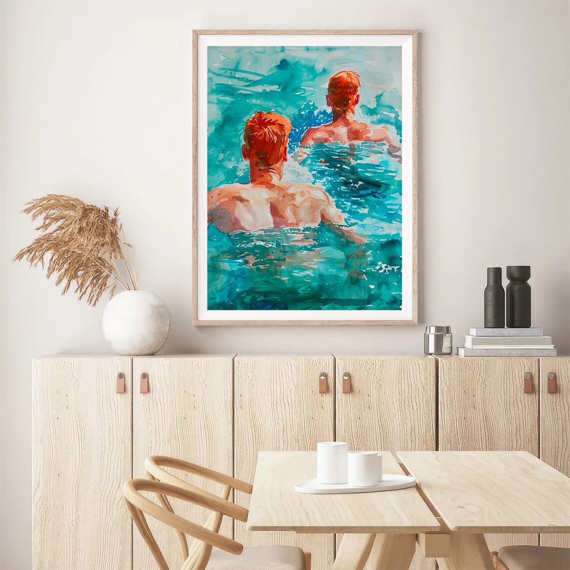 Two Red Haired Men Swimming Turquoise Sea Watercolor Summer Poster - Image 5