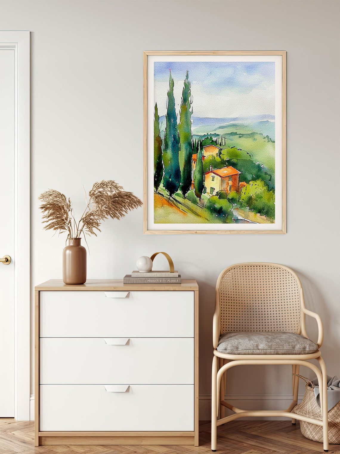 Tuscany Rustic Farmhouse Cypress Trees Rolling Hills Watercolor Poster - Image 2