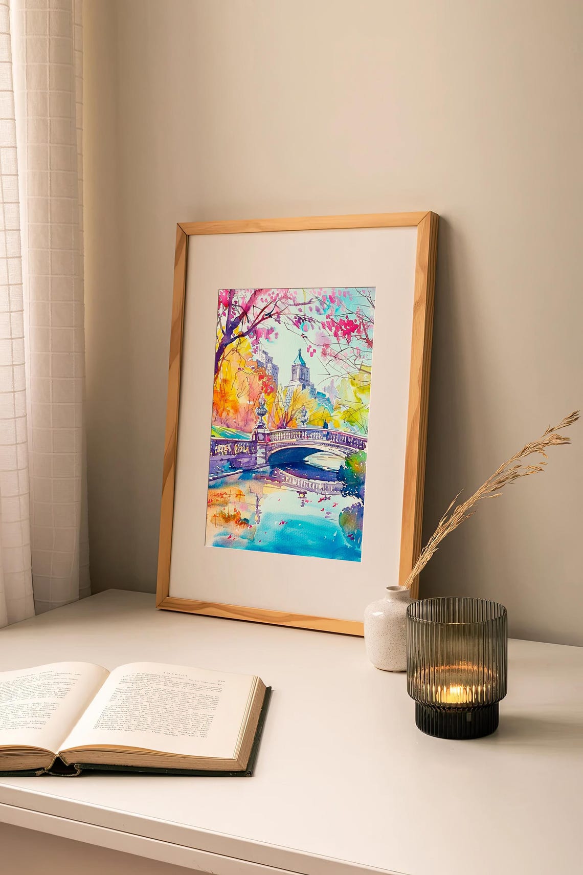 Bow Bridge Central Park Watercolor Spring Blossoms Colorful Art Print - Image 2