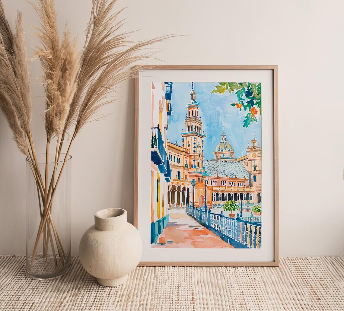 Seville Spain Plaza Watercolor Historic Towers Colorful Travel Print - Image 4