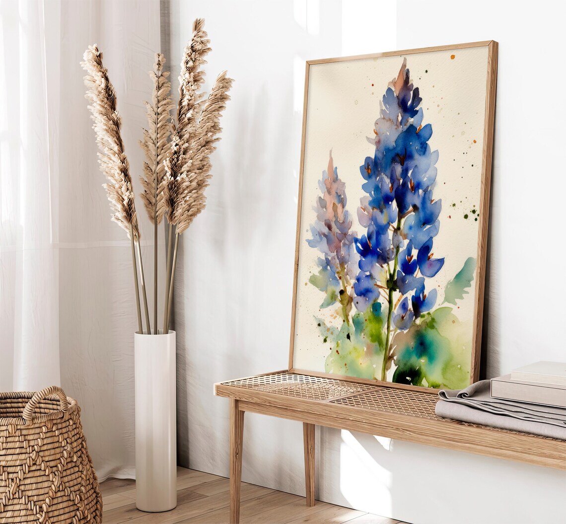 Bluebonnet Wildflowers Watercolor Blue Floral Meadow Art Poster - Image 2