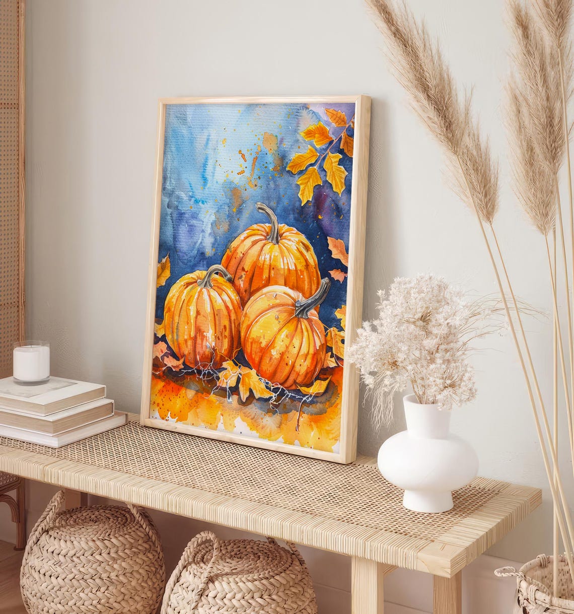 Three Autumn Pumpkins Fall Harvest Watercolor Seasonal Painting Poster - Image 4