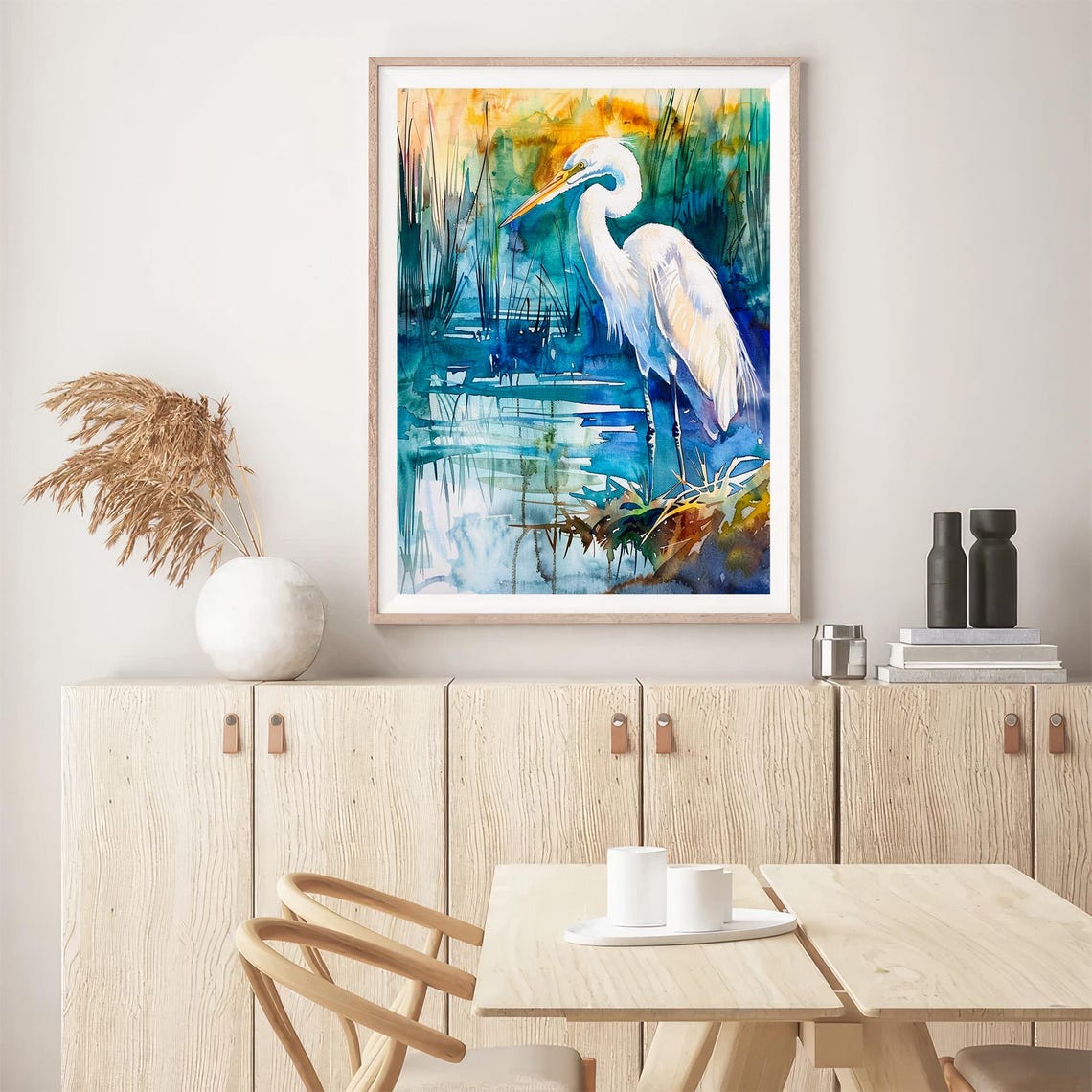 Great White Egret Heron in Marsh Watercolor Bird Painting Poster - Image 5