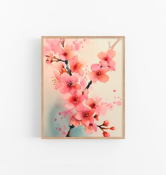 Cherry Blossom Branch Pink Sakura Watercolor Botanical Wall Art
