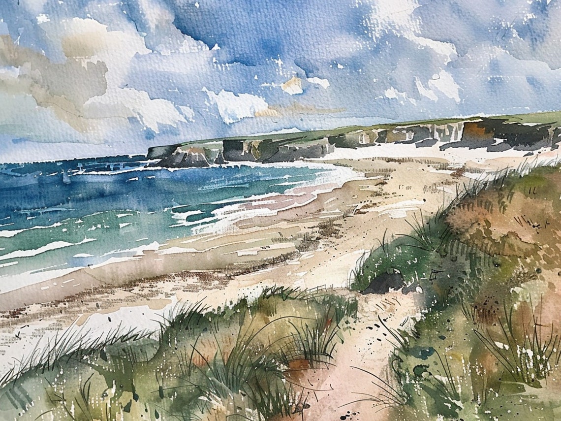 Stunning Cornwall Coastline Turquoise Waves Beach Watercolor Poster