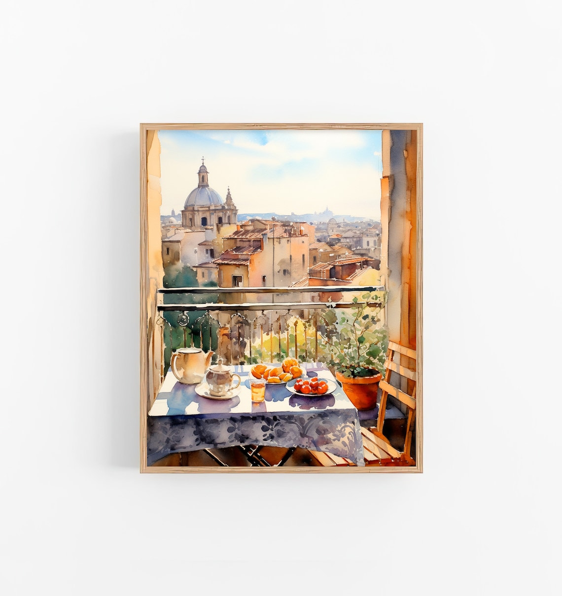 Sicily Breakfast Watercolor Art Print, Italy Cityscape