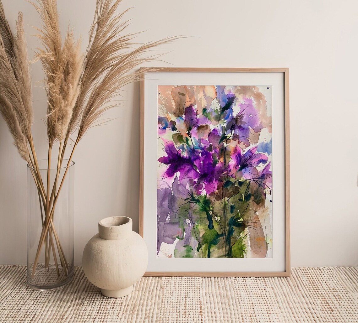Violet Flowers Watercolor Art Print, Rustic Floral - Image 4