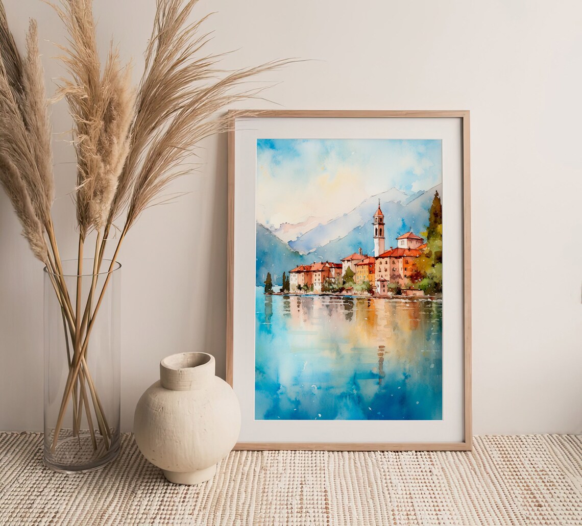 Lake Como Watercolor Travel Poster, Italy Cityscape - Image 3