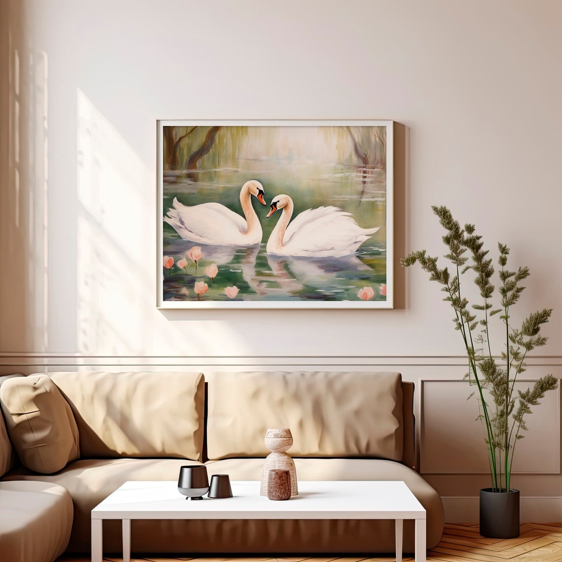 Two Swans Watercolor Romantic Couple White Birds Lake Scene Poster - Image 3